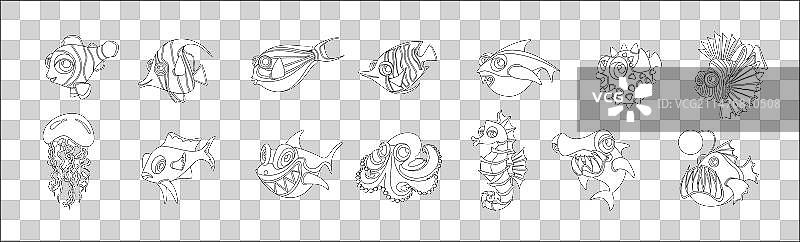 热带海洋鱼类和生物线条图片素材