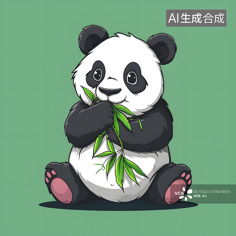 【AI数字艺术】卡通大熊猫坐在地上吃竹子图片素材