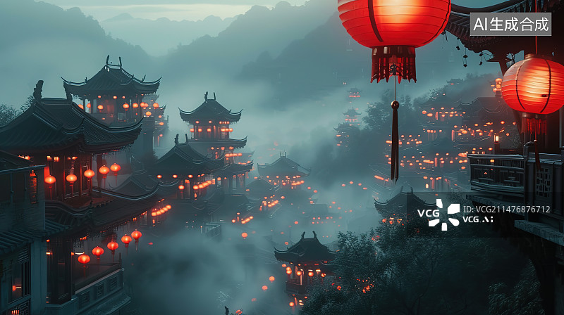【AI数字艺术】大雪中的红灯笼图片素材