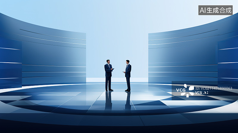 【AI数字艺术】商务人士在蓝色的背景下看向别处图片素材