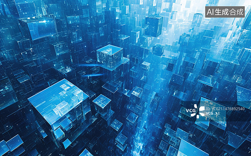 【AI数字艺术】科技感发光蓝色魔方图片素材