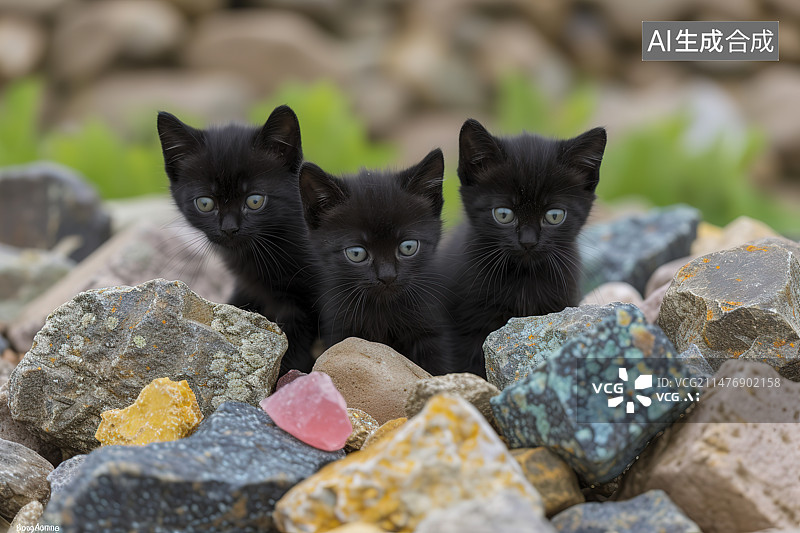 【AI数字艺术】黑猫坐在岩石上的画像图片素材