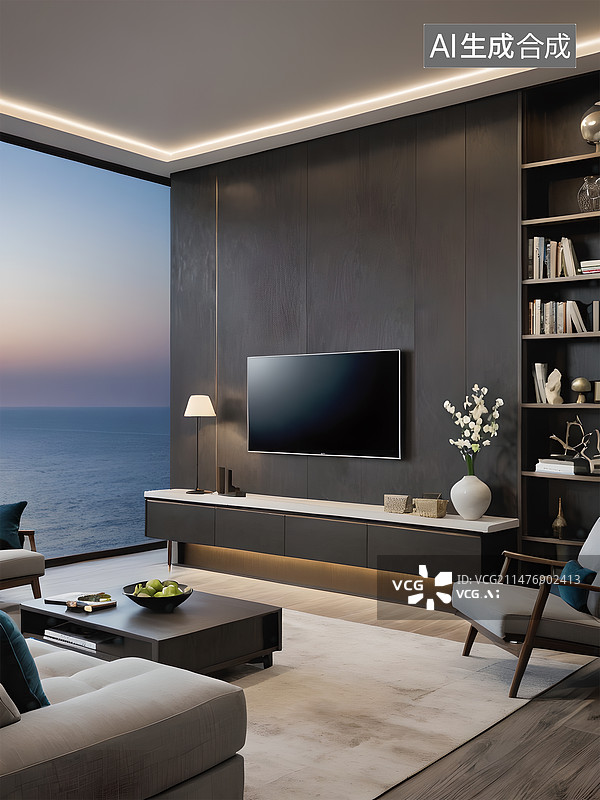 【AI数字艺术】电视机室内展示概念图（晚上）图片素材