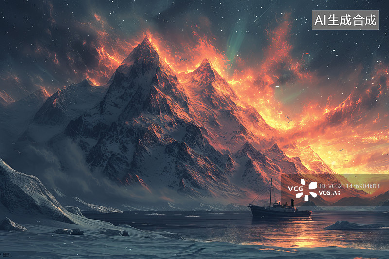 【AI数字艺术】高山海上轮船星空图片素材