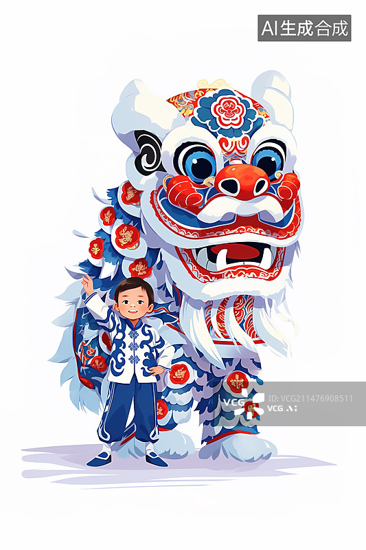 【AI数字艺术】中国剪纸工艺插画-舞狮少年图片素材
