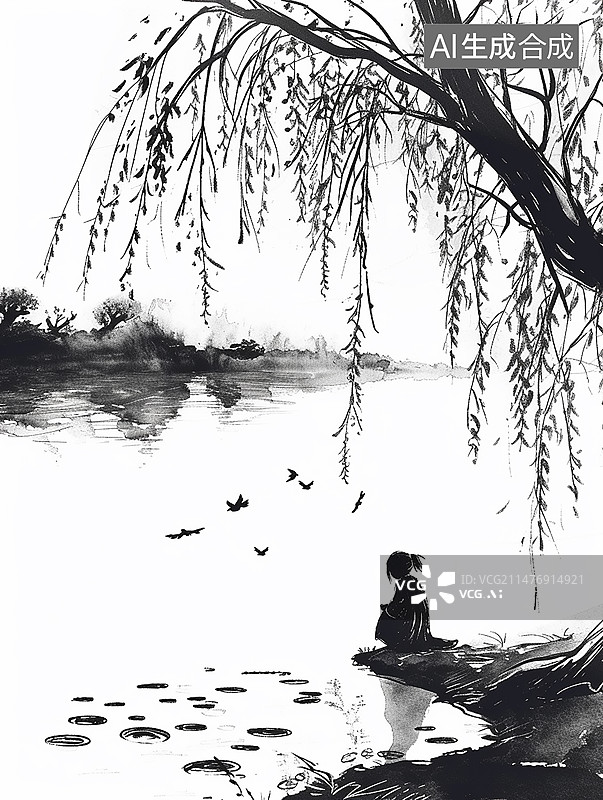【AI数字艺术】水墨画一个人在垂柳湖边图片素材