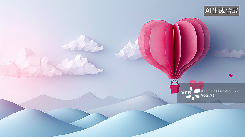 【AI数字艺术】心形热气球婚礼情人节剪纸海报背景图片素材