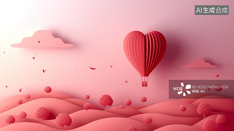 【AI数字艺术】心形热气球婚礼情人节剪纸海报背景图片素材