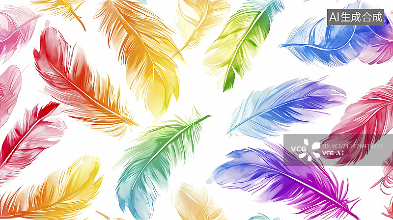 【AI数字艺术】数码白底彩色羽毛印花图案装饰抽象图形海报网页PPT背景图片素材
