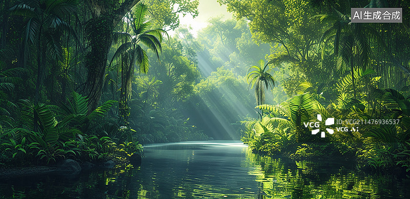 【AI数字艺术】茂密丛林小溪图片素材