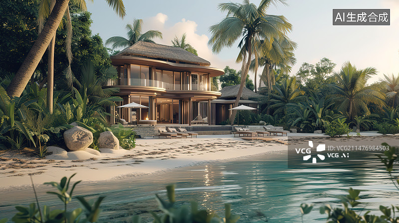 【AI数字艺术】海边度假小屋户外风光图片素材