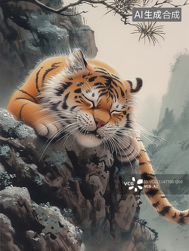 【AI数字艺术】可爱老虎萌萌的水墨高山图图片素材