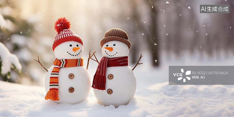 【AI数字艺术】冬季雪天里两个围着围巾的雪人图片素材