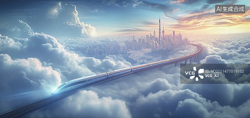 【AI数字艺术】云端行驶的高速列车从城市里驶出图片素材