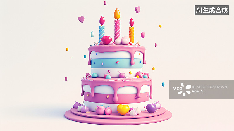 【AI数字艺术】3D生日蛋糕，纯色背景上可爱的粉色生日蛋糕图片素材