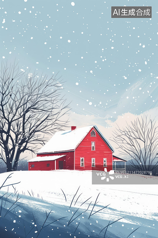 【AI数字艺术】冬天雪景红色房子插画图片素材