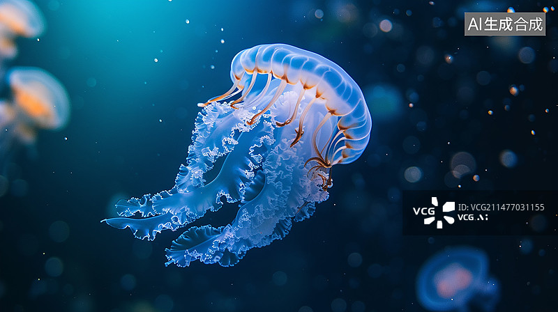 【AI数字艺术】蓝色深海中的透明水母，水下摄影图片素材