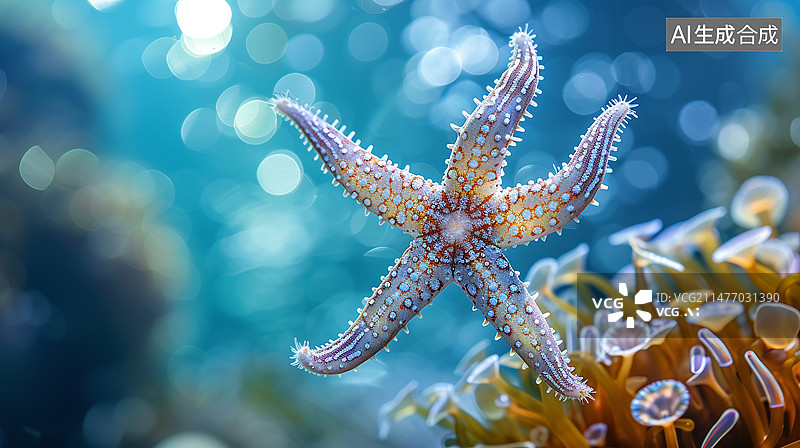 【AI数字艺术】蓝色深海中的海星，水下摄影图片素材