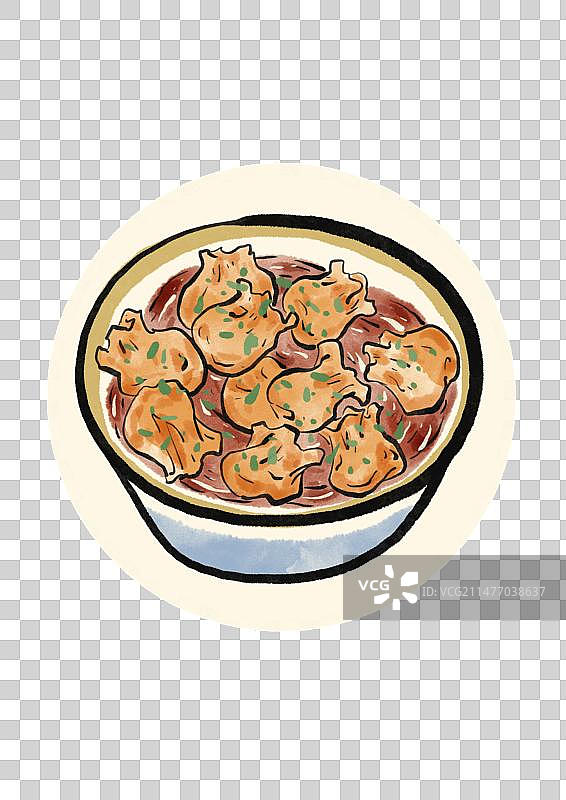 水墨风成都美食插画元素-红油抄手图片素材