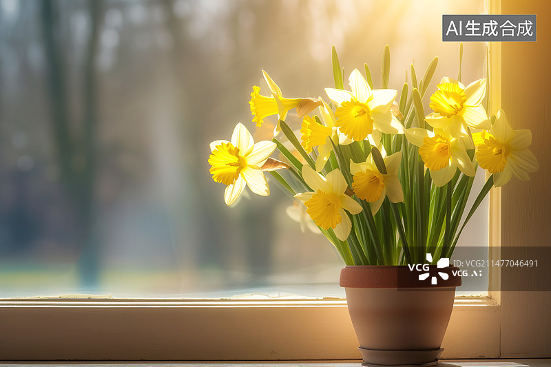 【AI数字艺术】窗边一盆水仙花图片素材