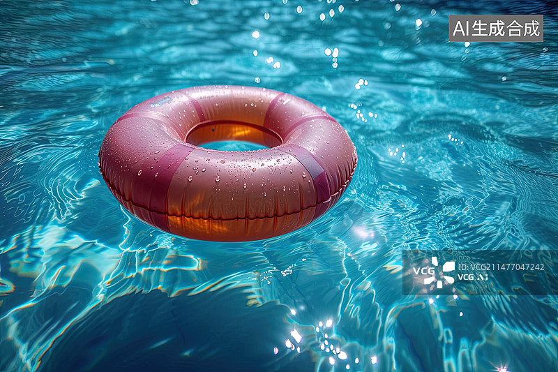 【AI数字艺术】游泳池中漂浮的救生圈泳圈的高角度视图图片素材