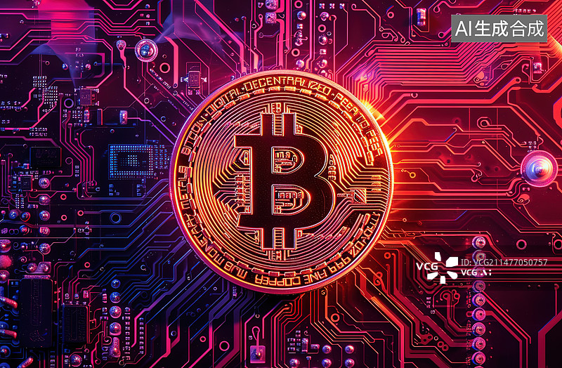 【AI数字艺术】电路板上的比特币图片素材