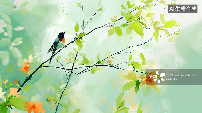 【AI数字艺术】春天鸟语花香二十四节气春分立春图片素材