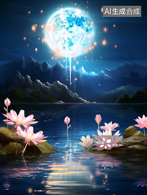 【AI数字艺术】一个宁静的夜晚，月光皎洁，荷花盛开于山川湖泊之间图片素材
