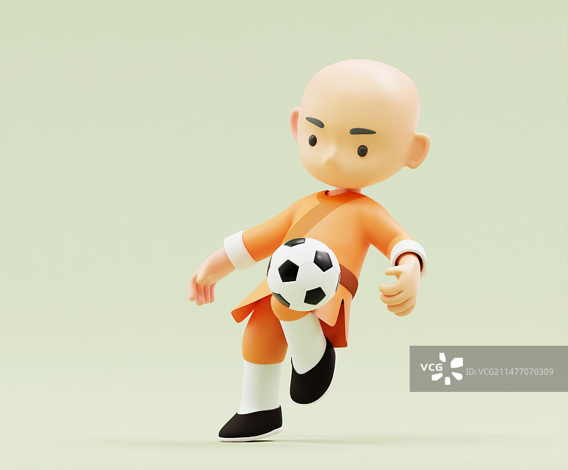 3D渲染少林寺小和尚踢足球的卡通形象小沙弥图片素材