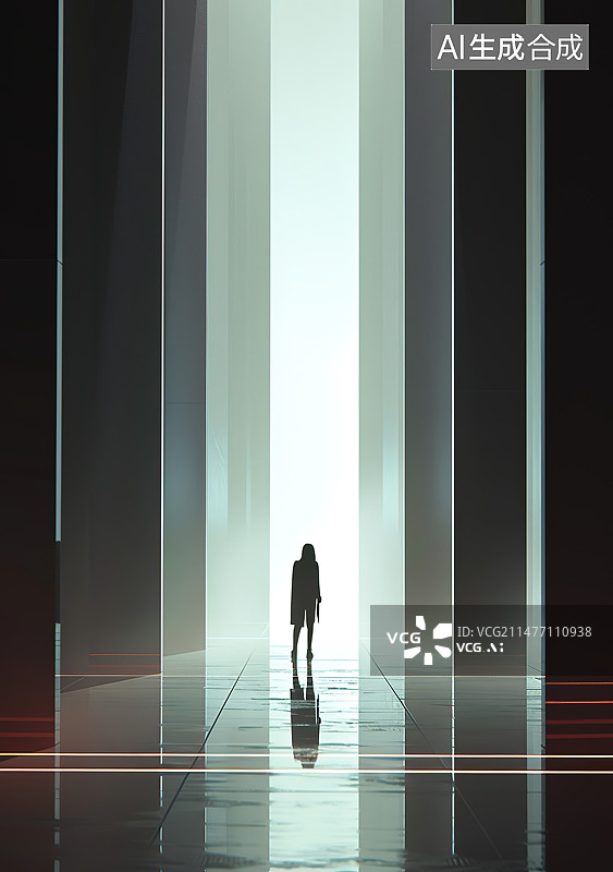 【AI数字艺术】站在走廊上的女人的后视图图片素材