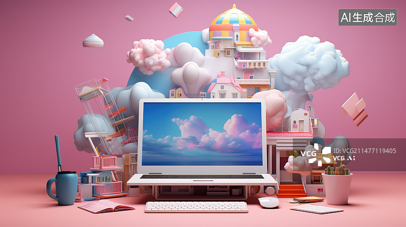 【AI数字艺术】彩色背景下的笔记本电脑特写镜头图片素材