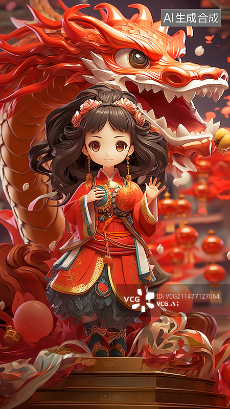 【AI数字艺术】中国风小女孩和龙泡泡玛特风格图片素材