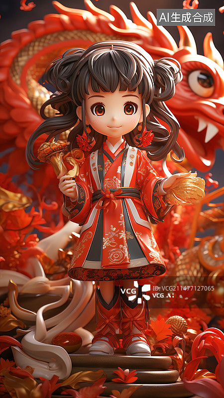 【AI数字艺术】中国风小女孩和龙泡泡玛特风格图片素材