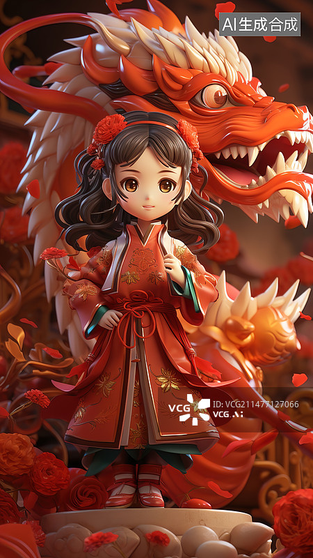 【AI数字艺术】中国风小女孩和龙泡泡玛特风格图片素材