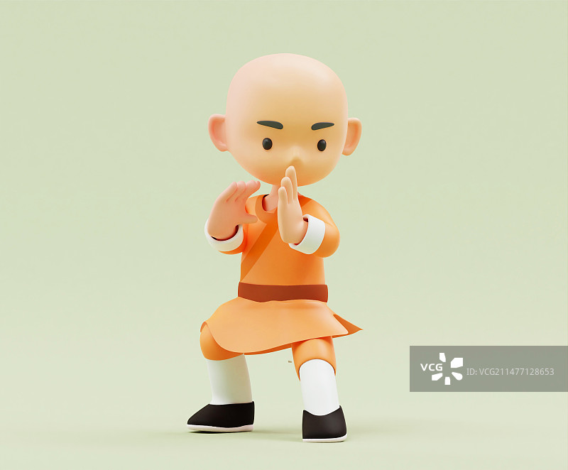 3D渲染少林小和尚练功夫图片素材