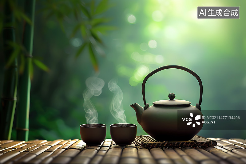 【AI数字艺术】户外竹林背景下的中式茶壶茶杯茶具图片素材