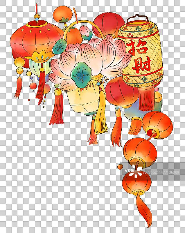 春节年俗插画元素中国灯笼花灯图片素材