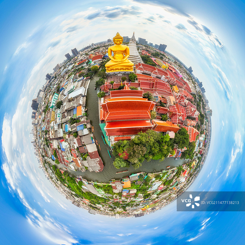 泰国曼谷地标建筑，越北榄禅寺(Wat Paknam)——水门寺大佛，星球小行星360度航拍图片素材