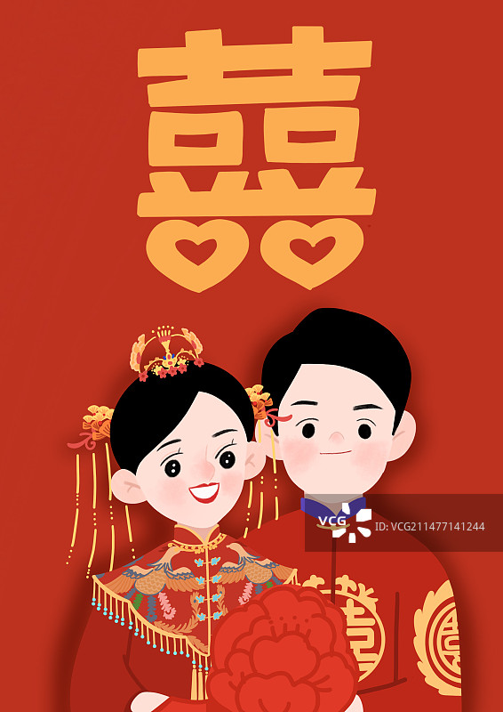 结婚婚礼喜中式插画人物婚礼请柬图片素材