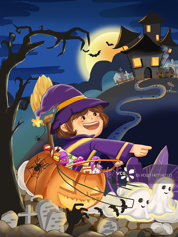 万圣节南瓜幽灵坟墓女巫卡通人物女孩鬼图片素材