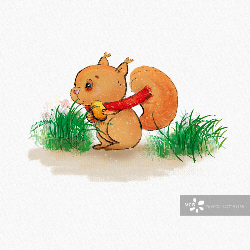 水彩手绘儿童插画一只可爱的小松鼠在收集冬眠的食物图片素材