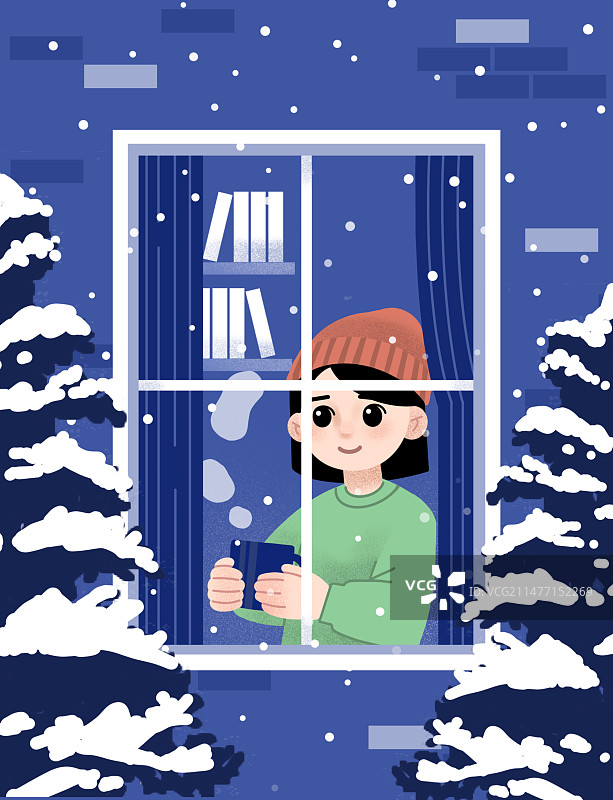 冬季 窗边的人/观雪的人-四季之窗系列插画图片素材