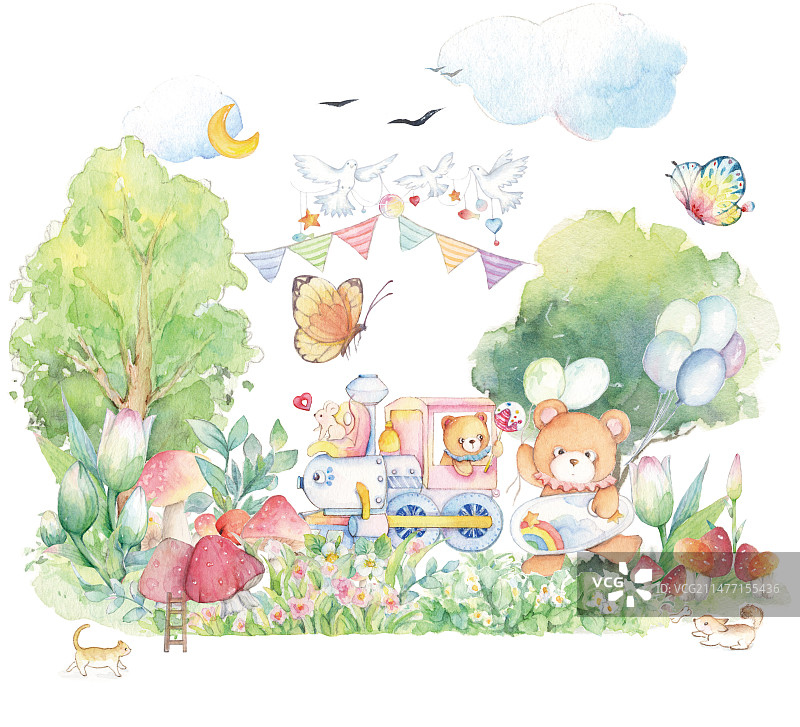 水彩手绘童话故事森林王国户外郊外大自然草坪公园游乐园小动物小熊小老鼠开小火车滑板小熊玩具儿童插画绘本图片素材