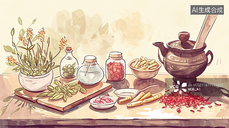【AI数字艺术】传统中医中药材汤药插画图片素材
