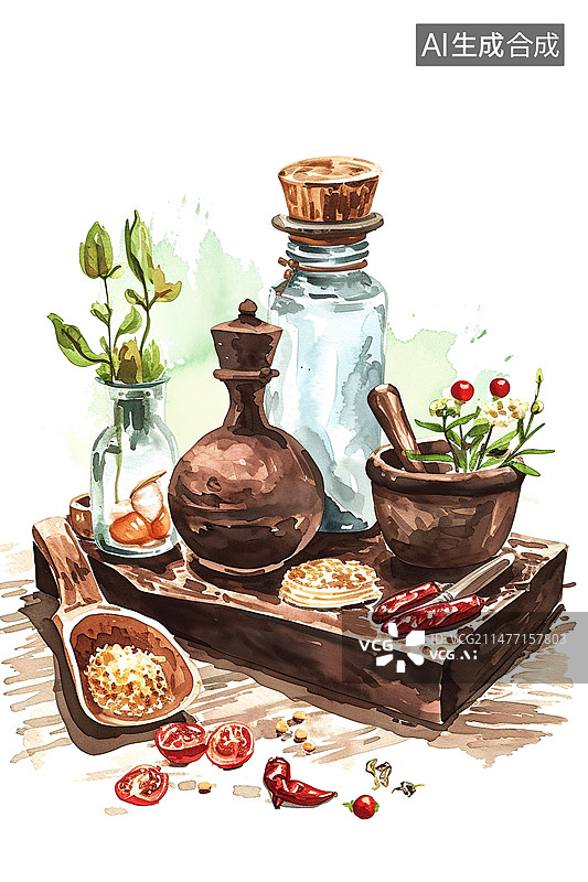 【AI数字艺术】传统中医中药材汤药插画图片素材