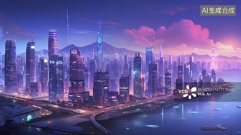 【AI数字艺术】霓虹色赛博朋克风城市天际线宇宙科技插画图片素材