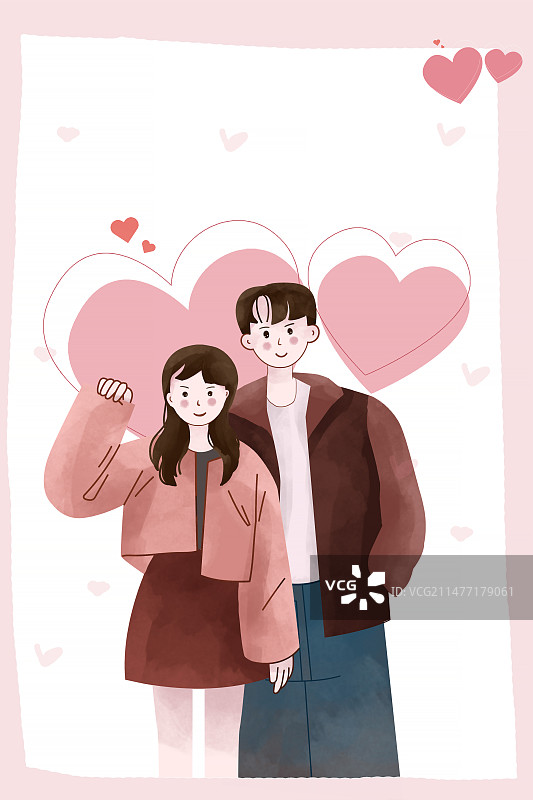 2月14情人节促销插画 年轻情侣的结婚纪念日告白日 竖版图片素材