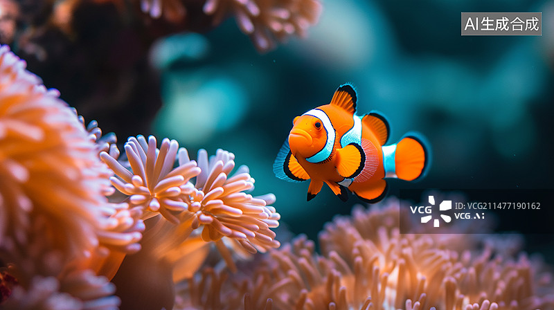 【AI数字艺术】深海中的小丑鱼，水下摄影图片素材