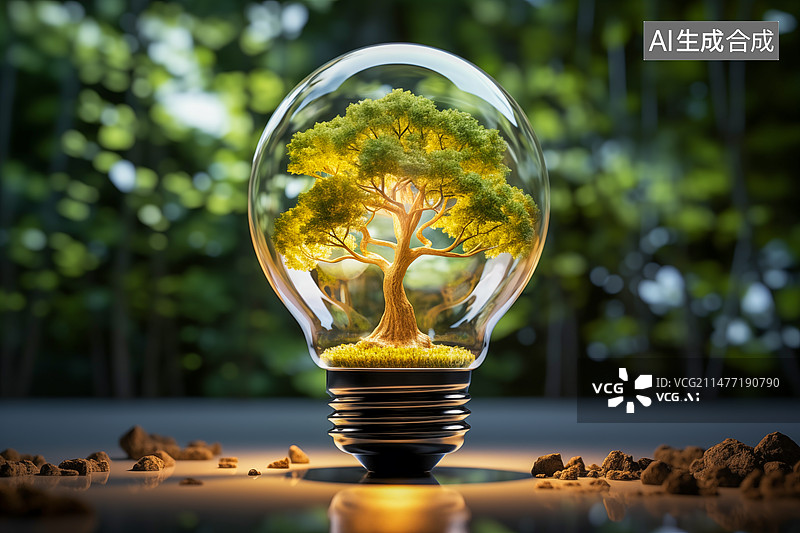 【AI数字艺术】桌子上的树和灯泡的特写镜头图片素材