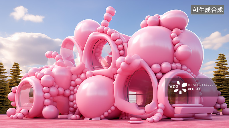 【AI数字艺术】膨胀粉色气球小屋建筑艺术设计背景图片素材